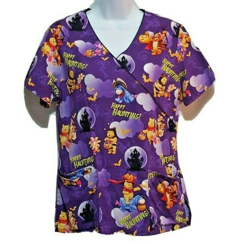 Disney Winnie the Pooh Women's Scrub Top XS Halloween Happy Haunting Purple